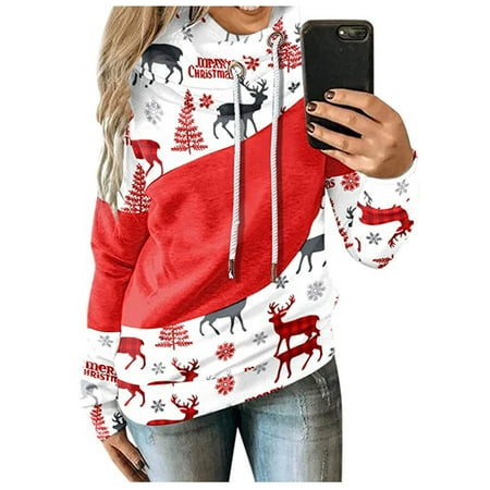 

jsaierl Christmas Sweatshirts for Women Long Sleeve Plaid Graphic Hooded Top Round Neck Sweatshirt Loose Fit Pullover Womens Fall Fashion 2022
