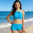 thumbnail image 4 of Pandaie Girls' Bandeau Bikini 2-Piece Swimsuit Solid Color Halter Tankini Kids Tank Tops Drawstring Shorts Bathing Set for Beach Vacation 12-13 Years Blue, 4 of 9
