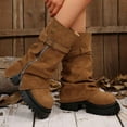 thumbnail image 4 of KEGIRLOM Women Fashionable And Casual Thick Heel Round Toe Pants With Side Zipper And Belt Buckle Suede Maillard Western Slim Boots Brown 9, 4 of 8