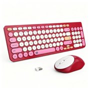 Wireless Keyboard and Mouse Combo, 96-Key Retro Typewriter Keyboard with Round Keycaps, Cute Colorful Design, Quiet Typing, 2.4G Plug & Play, Study & Home Office, Student Gift – Fuchsia