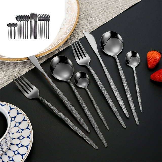Ensemble de Couverts en Acier Inoxydable, Coutellerie à Manche Martelé, Ustensiles de Cuisine et de Salle à Manger 24 Pcs, Prise Ergonomique, Compatible Lave-Vaisselle, Résistant à la Rouille