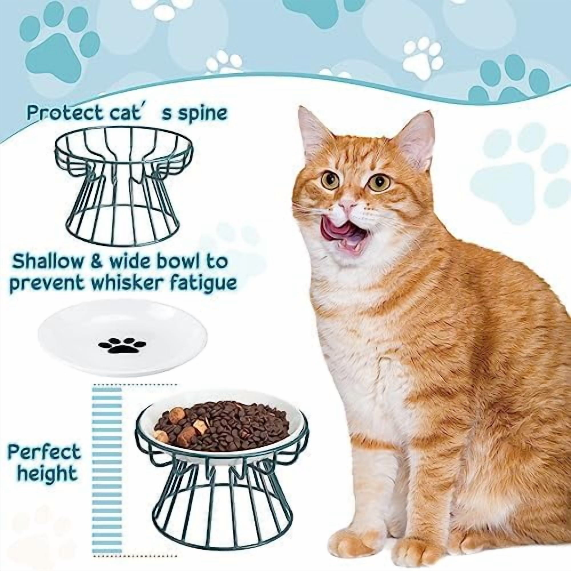 4 Sets Elevated Cat Bowls Ceramic Raised Cat Food Bowls with Metal Stand Dishwasher Safe Dishes Non Slip Elevated Food Plate(Green,Paw)