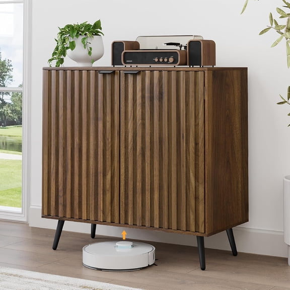 Fluted Sideboard Cabinet, Freestanding Walnut Buffet Cabinet with Adjustable Shelf, Wood Storage Cabinet for Living Room, Entryway, Hallway