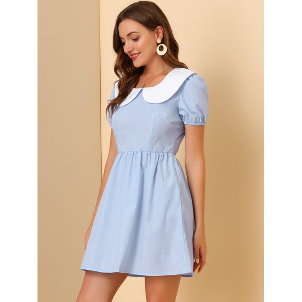 Allegra K Camisa De Manga Larga Con Botones Y Cuello Peter Pan Para Mujer, Gris, Azul , Pequeña