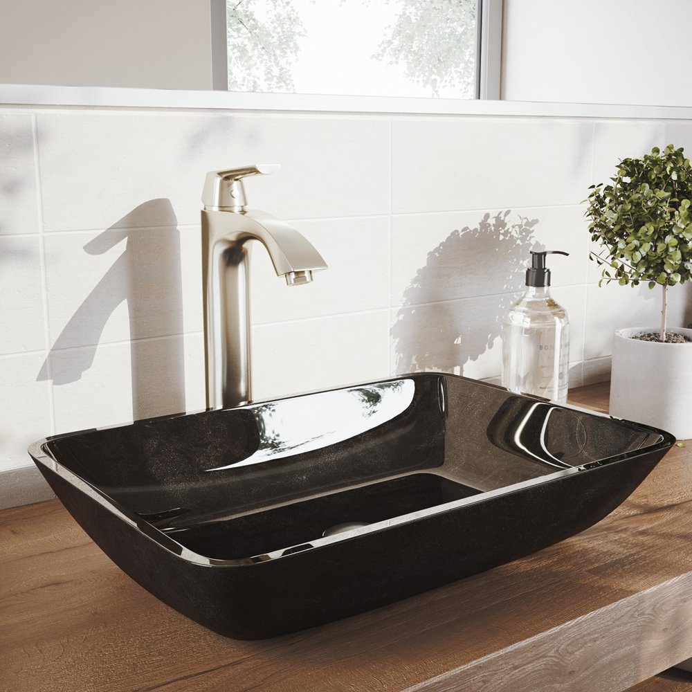VIGO Rectangular Gray Onyx Glass Vessel Bathroom Sink Set with the