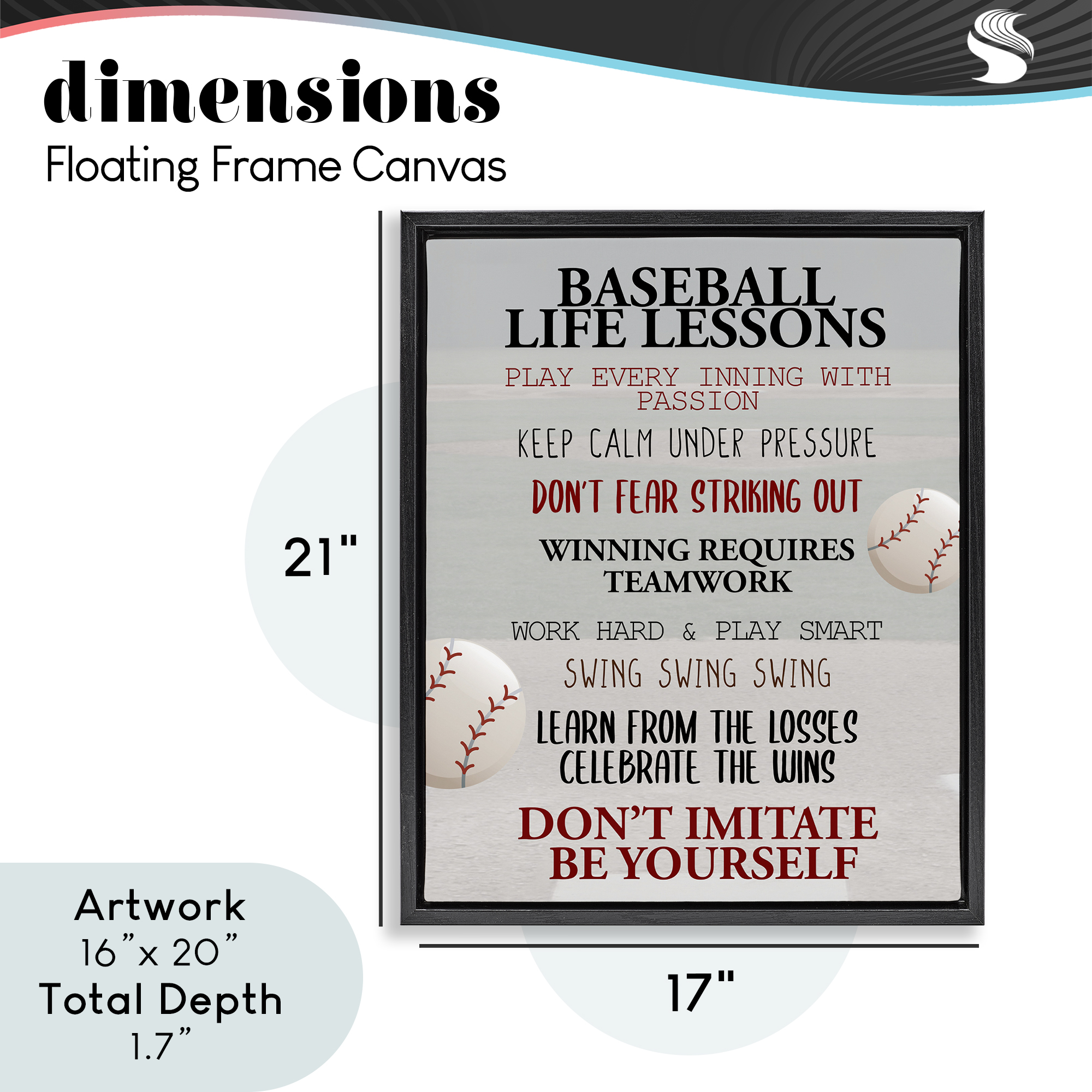 Baseball Life Lessons Black Framed Floater Canvas Wall Art, design by Kim Allen