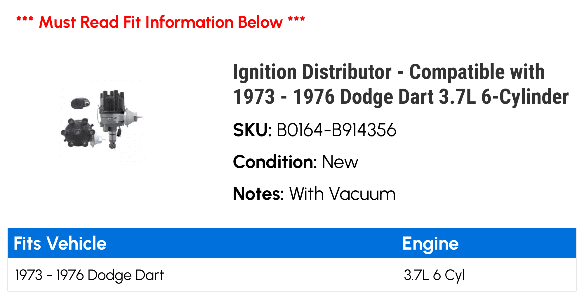 Ignition Distributor - Compatible with 1973 - 1976 Dodge Dart 3.7L 6-Cylinder 1974 1975