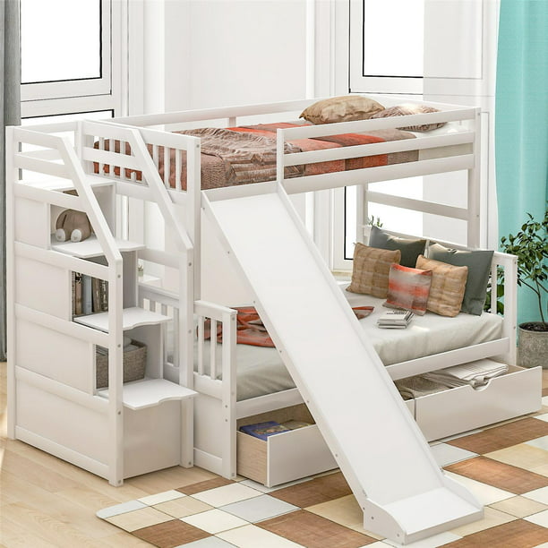 Solid Wood Bunk Bed Frame, Wooden Bunk Beds With Storage Stairs