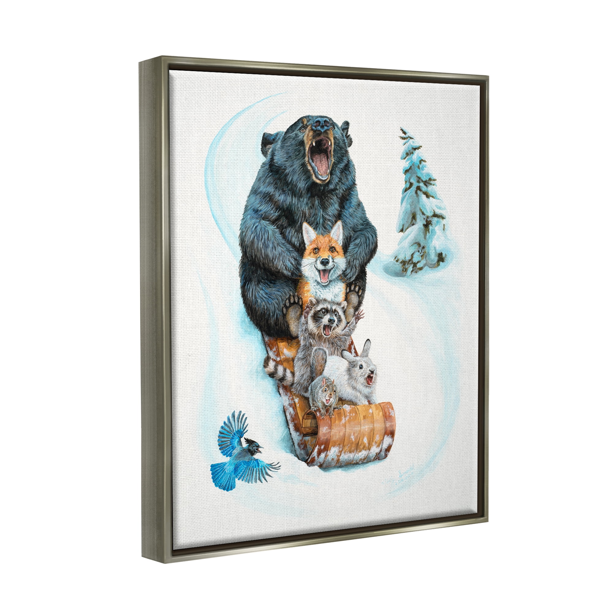 Stupell Industries Sledding Wildlife Snow Scene Animals & Insects Painting Gray Floater Framed Art Print Wall Art, 17 x 21
