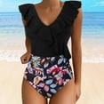 thumbnail image 2 of Womens Swimwear Women's Floral Swimsuits Cute Bathing Suit Ruffle V Neck Black L, 2 of 6