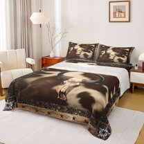 Homewish Tribal Sheep Skeleton Queen Sheet Sets, Vintage Brown Cow Print Flat Sheet, Southwestern Theme Queen Fitted Sheet, Microfiber Bedroom Decor, 4-Piece