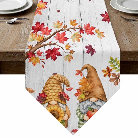 Fall Gnomes Table Runner Linen Burlap Table Runner 60 Inches Long Thanksgiving Pumpkin Maple Leaves Gray Brown Dresser Scarves for Kitchen Island Coffee Dining Room Party Holiday Decoration 13"x60"