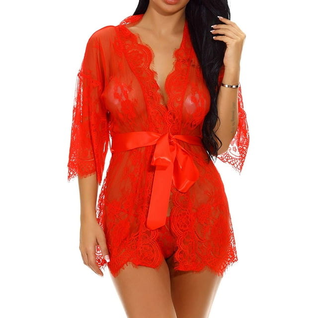 Lencería para mujer sexy vestido largo de encaje vestido transparente transparente kimono bata