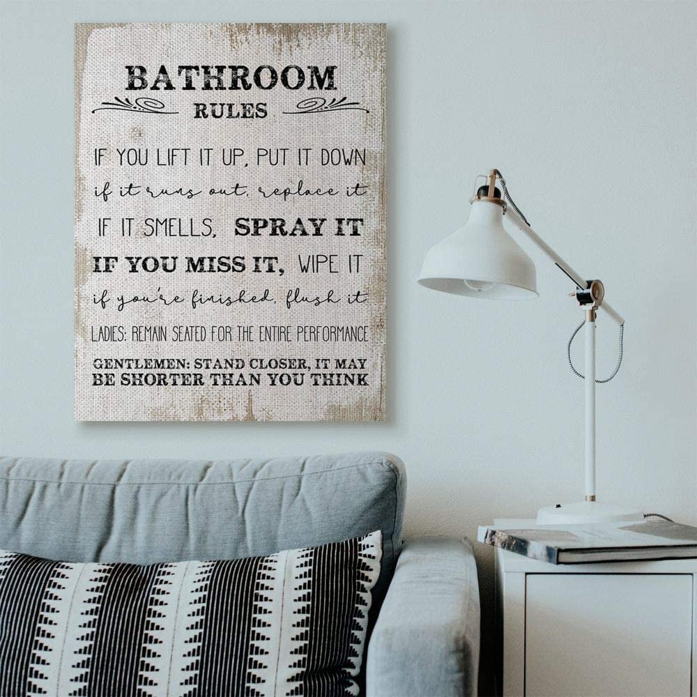 Stupell Industries Bathroom Rules Funny Word Wood Textured Design Super Canvas Wall Art by Daphne Polselli
