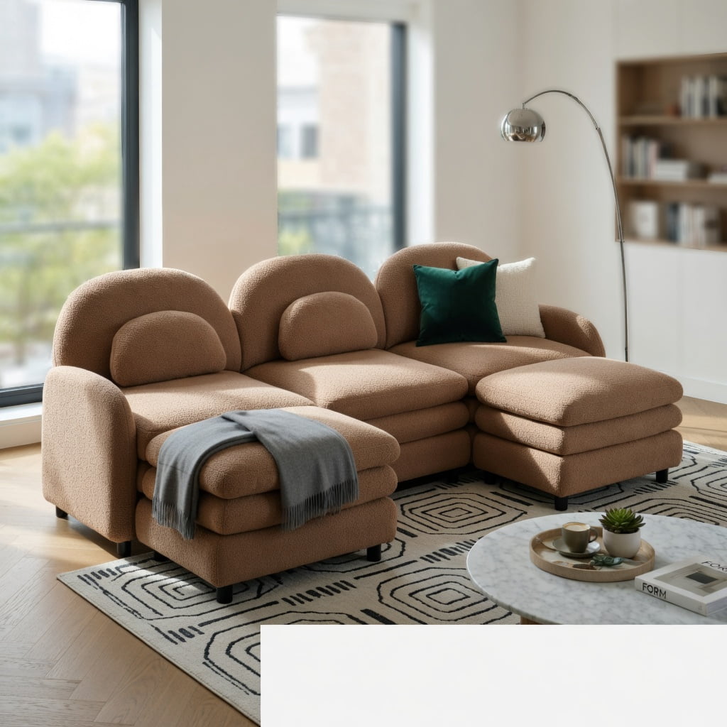 Hommoo Teddy Fleece 3-Seat Modular Sectional Sofa, Cloud-Like Double-Layer Cushions, Curved Backrest & Armrests, Includes 2 Movable Ottomans & Lumbar Pillows, Camel