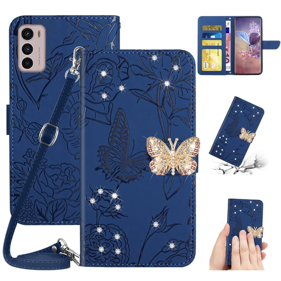 SaniMore Case for Motorola Moto G42 6.4" 2022, [Crossbody/Wrist Lanyard] PU Leather Embossed Butterfly [Diamond Clasp] Card Slots Kickstand Shockproof Glitter Wallet Shell, Darkblue