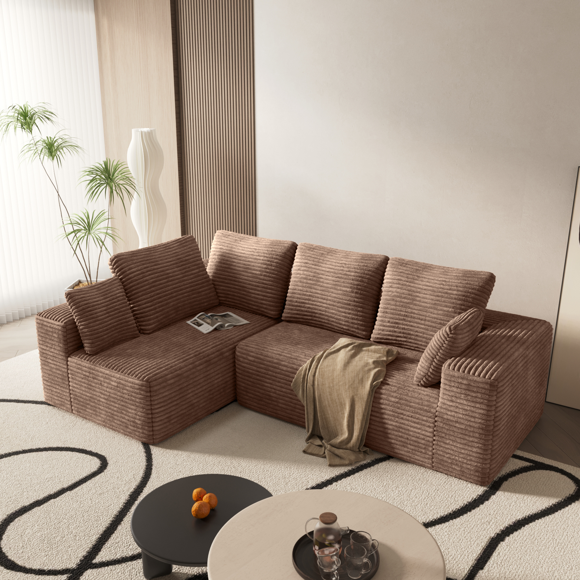 104.4" Modern L-Shaped Sectional Sofa for Living Room Bedroom, Modular Cloud Sectional Couch with Deep Seating Upholstered Sofa, Free Combination Sofa, Corduroy Upholstery, No Assembly, Brown Couch