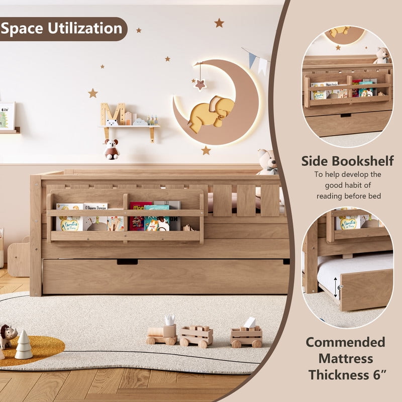 Twin Size Low-Profile Kid's Platform Bed with Built-in Bookshelves & Small Staircase, Wooden Bed Frame with Safety Rails & Trundle