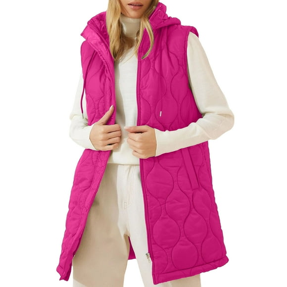 Dagegui Women's Sleeveless Hooded Vest Lightweight Quilted Vest Full Zip Up Puffer Outerwear with Pockets Hot Pink XXL
