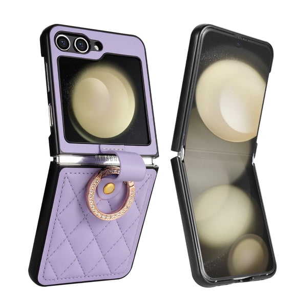 for Samsung Galaxy Z Flip 7 Case with [Diamond Ring and Metal Ring Buckle] Luxury PU Leather Protective Case Slim Lightweight Shockproof Phone Cover for Samsung Galaxy Z Flip 7, Purple