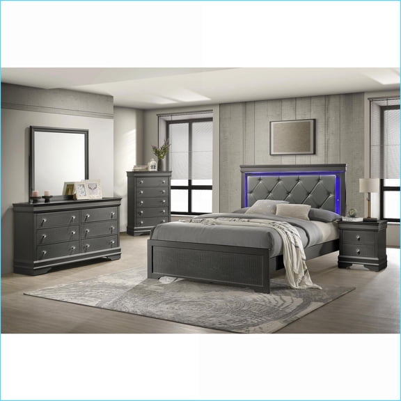 Bedroom Set, Modern 5-Piece Twin for Teens/Guest Rooms with LED Headboard, Slate Gray Wood | Wood | Standard Beds