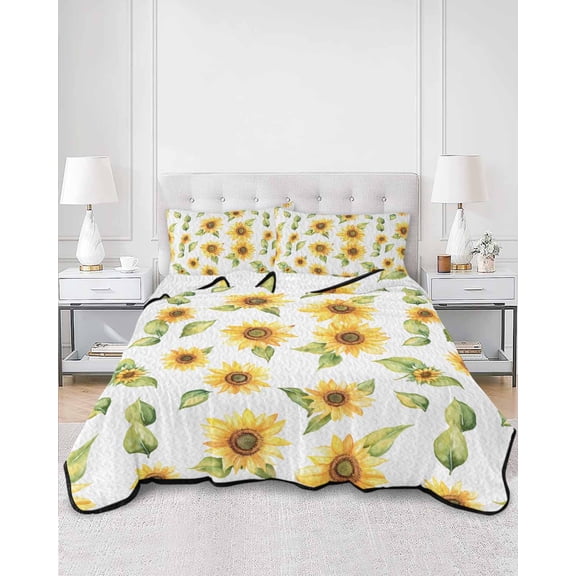 Quilts Twin XL Size, Summer Sunflowers Soft Comforter Bedding Set for Bed, Watercolor Botanical Floral Leaves Lightweight Quilted Bedspread with Pillow Cover(2 Pieces) for All Season, 68x98 Inch