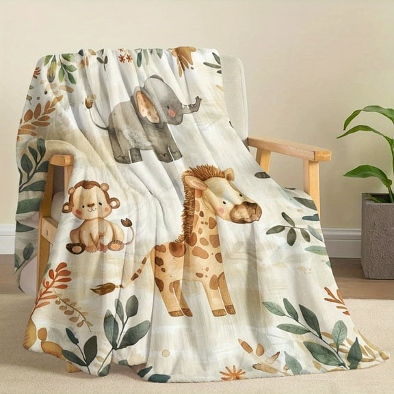 Contemporary Watercolor Forest Animals Throw Blanket Soft Knitted Flannel Mixed Color Elephant Monkey Giraffe Print All-Season Cozy Blanket for Napping Travel Home Decor