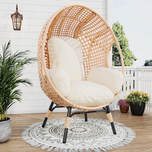 TQKVIPI Oversized Wicker Egg Chair Outdoor Indoor,Patio Lounge Chair with Thicken Cushions & Durable Steel Frame, Egg Basket Chair 500lbs Capacity for Garden, Backyard, Porch,Bedroom (Beige-Plaid)
