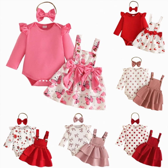 CAUYDY Newborn Gifts For Baby Girl Shower Outfit Ruffle Long Sleeve Romper Set 0 3 6 9 12 18 Months Preemie Clothing Fall Winter Pink Sizes 12-18 Months