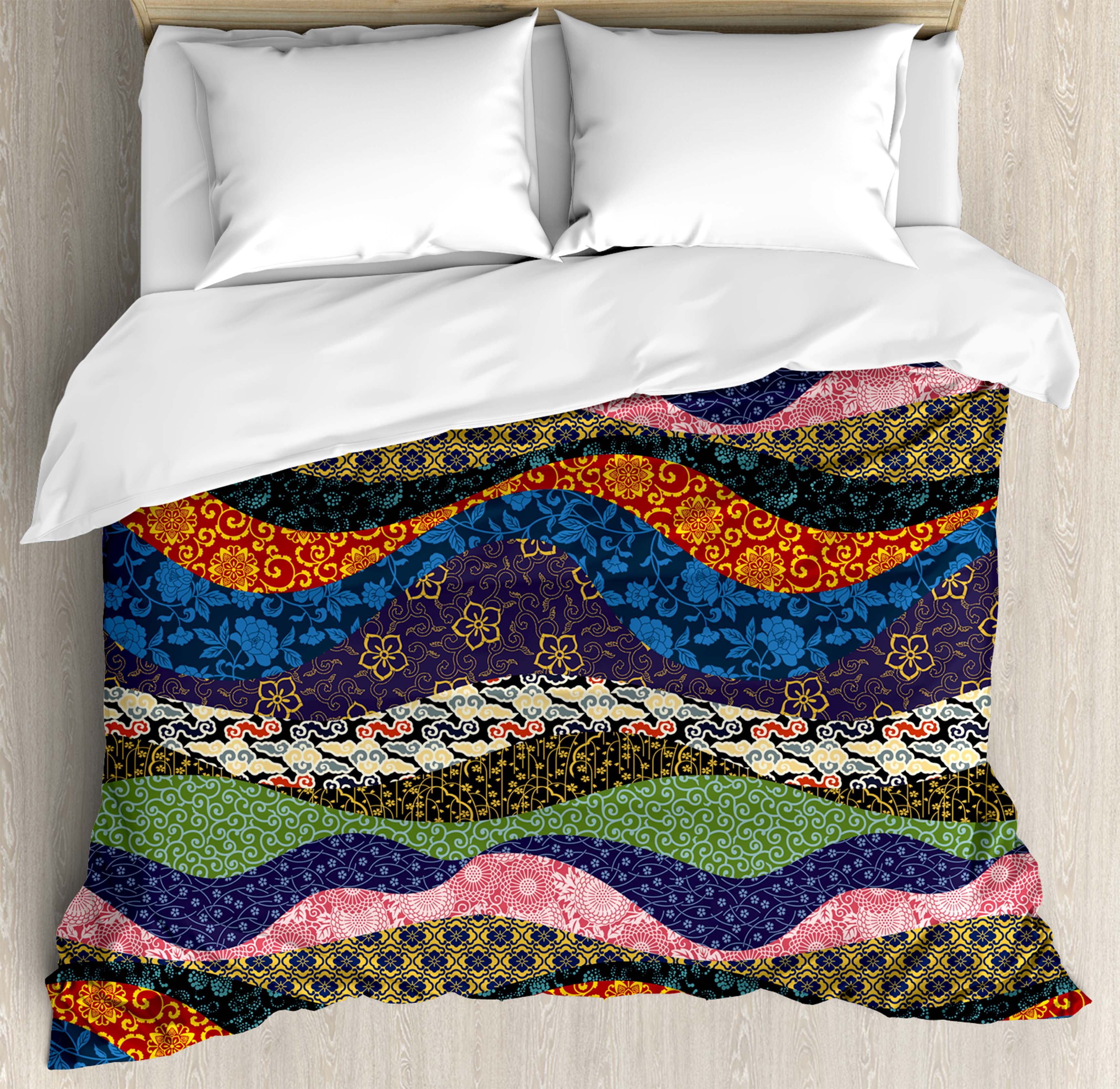 Fabric Decor Queen Size Duvet Cover Set, Asian Patchwork with Flowers