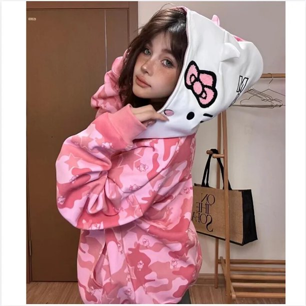 Sanrio Hello Kitty Zipper Cardigan Hoodie Y2K Cartoon Camouflage Blouse Sweatshirts Autumn Long Sleeve Sweater Jacket For Female