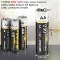 thumbnail image 2 of Rechargeable AA Batteries 4 PCS Rechargeable AA Lithium Batteries,2 H USB Fast Charging,Constant Output 1.5V,2960mWh,1000 Cycles Lifespan Lithium AA Batteries, 2 of 4