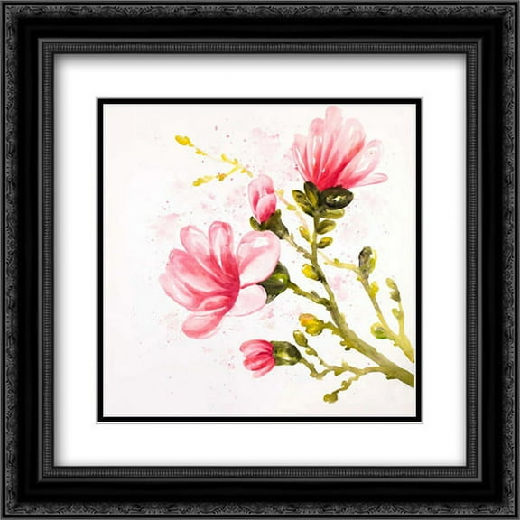 Watercolor Magnolia Flowers 2x Matted 20x20 Black Ornate Framed Art Print by Atelier B Art Studio