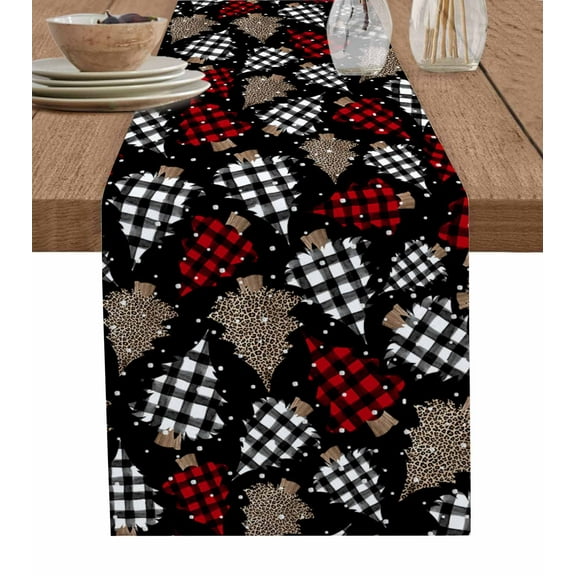 Christmas Tree Burlap-Cotton Table Runner 70 Inches Long,Brown Black Red Xmas Tree Classical Black Farmhouse Table Runners,Outdoor Dining Tablecloths Decor for Baby Shower/Party/Wedding 13x70