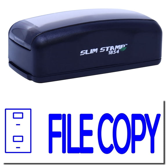 Large Pre-Inked File Copy with Drawer Stamp, Slim 1854, Ultra Slim Design, Impression Size 1-13/16" by 2-1/2", Up to 25,000 Impressions - Blue Ink
