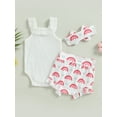 thumbnail image 5 of Infant Baby Girls Clothes Suits Solid Color Ribbed Sleeveless Frills Sling Romper Rainbow Print Shorts Headband 3Pcs Set, 5 of 10