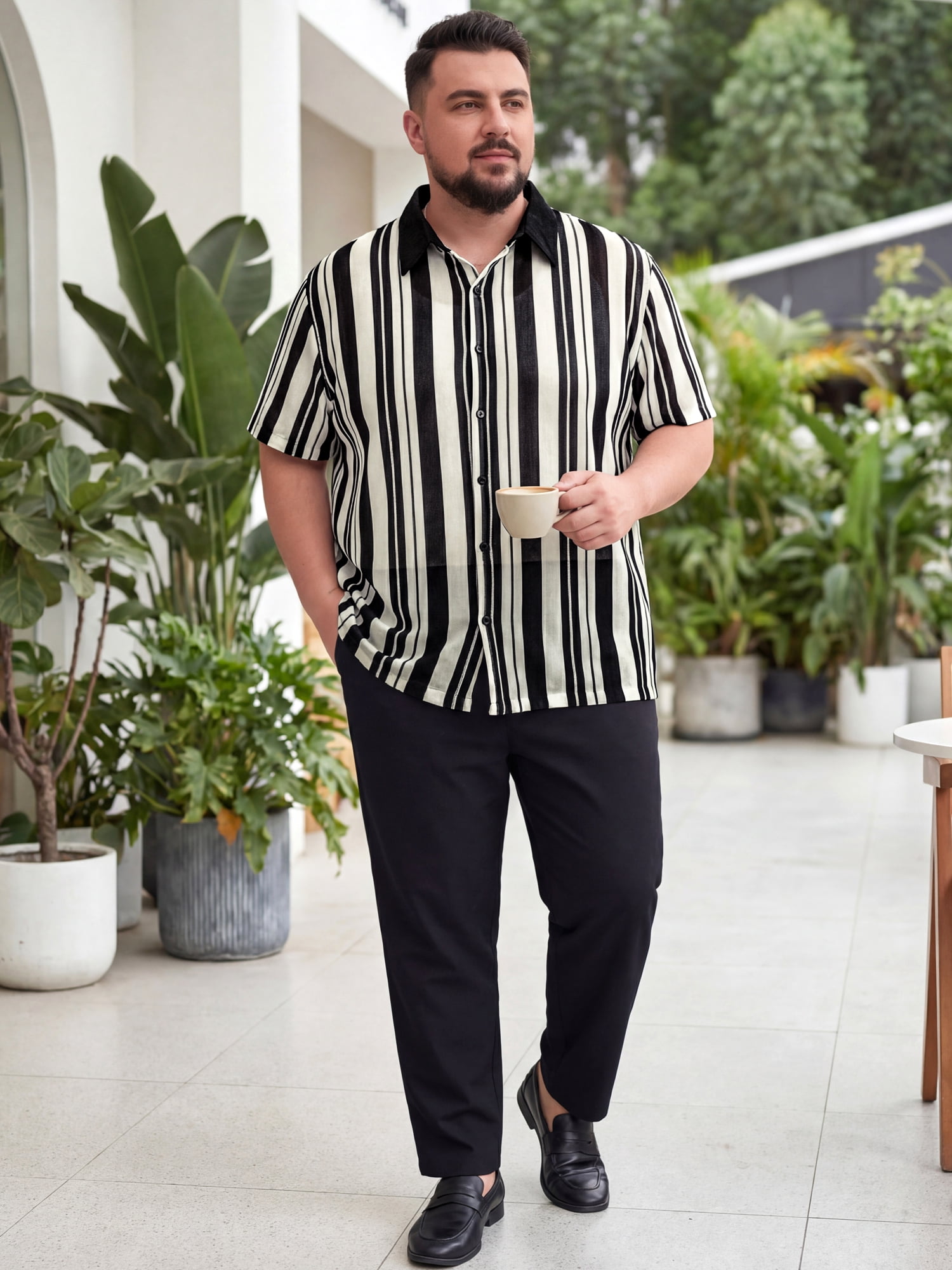 DARING DIVA Men's Big Tall Colorblock Striped Short Sleeve Button-Down Shirt XL Black