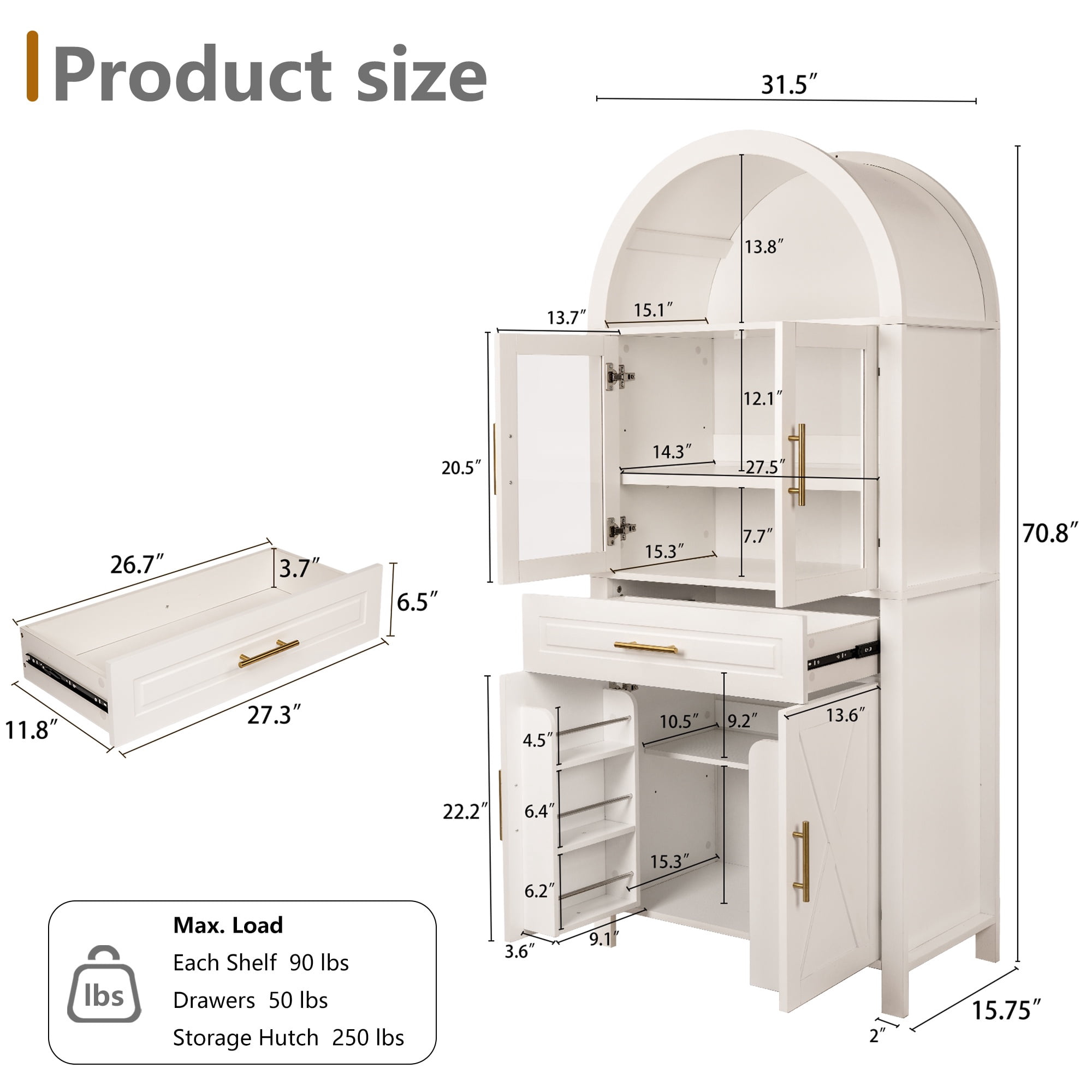 PORKISS Arched Kitchen Pantry Storage Cabinet, 71" Tall Wood Pantry Shelves with 4 Doors, 1 Large Drawer, Adjustable Shelves for Dining Room Living Room, White