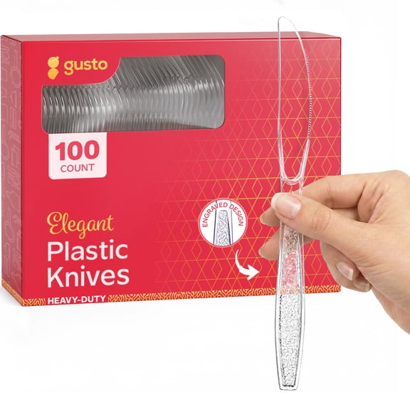 GUSTO Engraved Plastic Knives Disposable Silverware Cutlery, 100-Pack