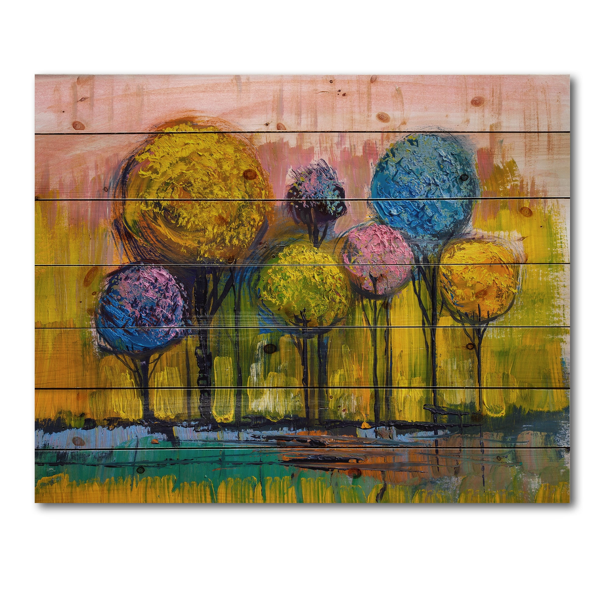 Designart 'Colourful Landscape Trees Impressionist IV' Modern Print on Natural Pine Wood