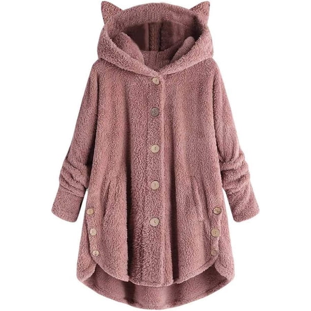 Xishao - Abrigos para mujer, color sólido, manga larga, forro polar sintético, diseño de orejas de gato, con capucha, botones, chamarra suelta, para invierno, esquí, rosa, talla XXXL Xishao ropa