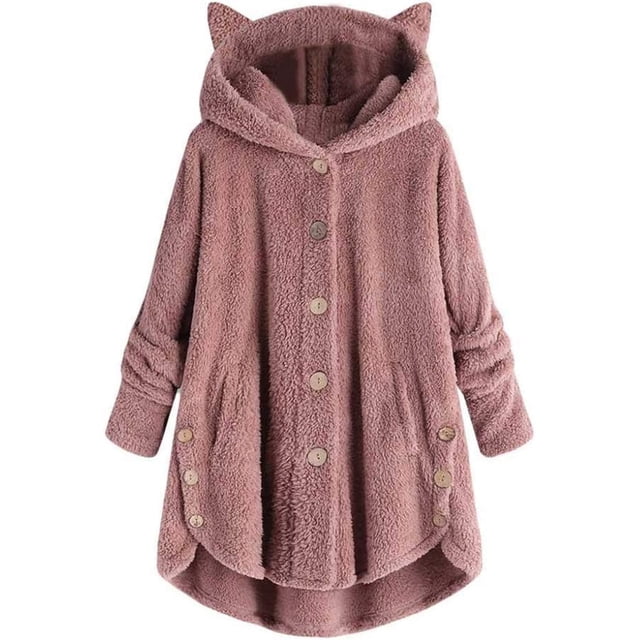 Xishao - Abrigos para mujer, color sólido, manga larga, forro polar sintético, diseño de orejas de gato, con capucha, botones, chamarra suelta, para invierno, esquí, rosa, talla XXL Xishao ropa