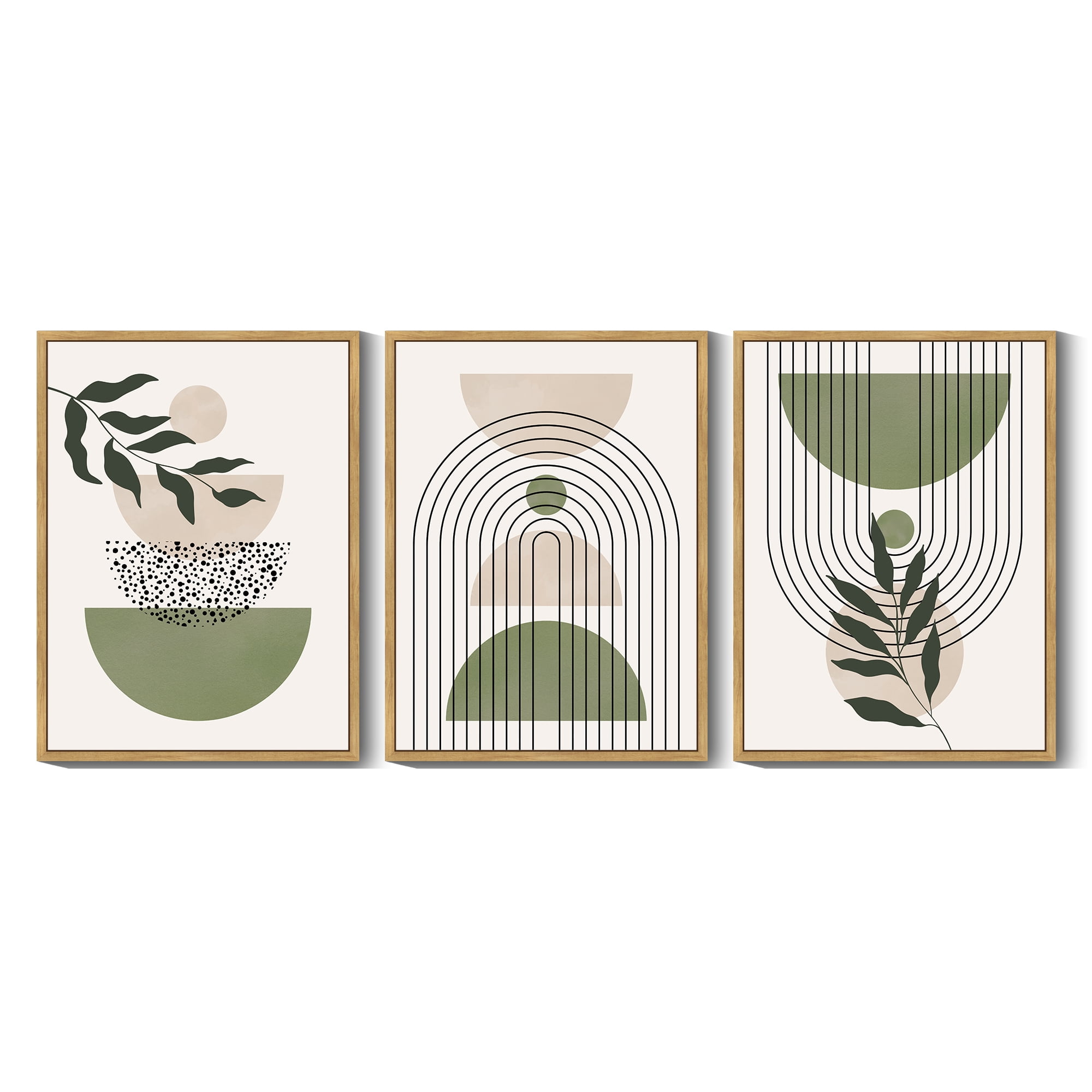 SHENIFY Green Botanical Boho Wall Art Modern Sage Bohemian Wall Decor Abstract Geometry Lines Prints Ready to Hang 11x14in3pcs Natural Framed