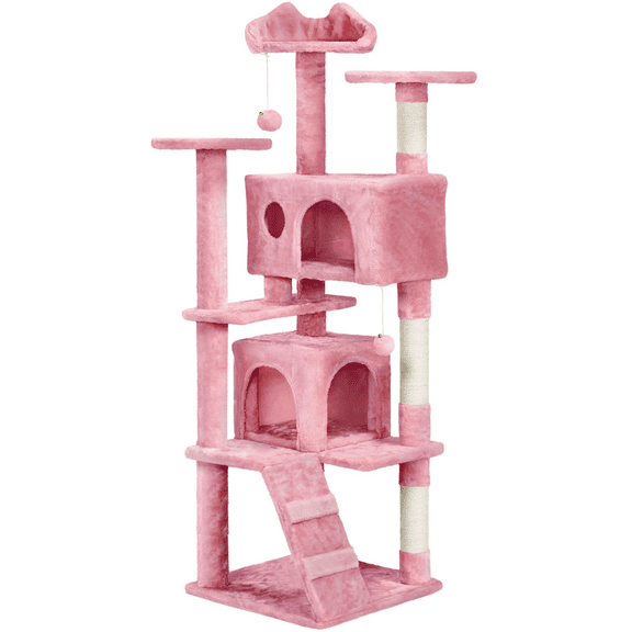 Alden Design 62''H Double Condo Cat Tree with Scratching Post Tower, Pink