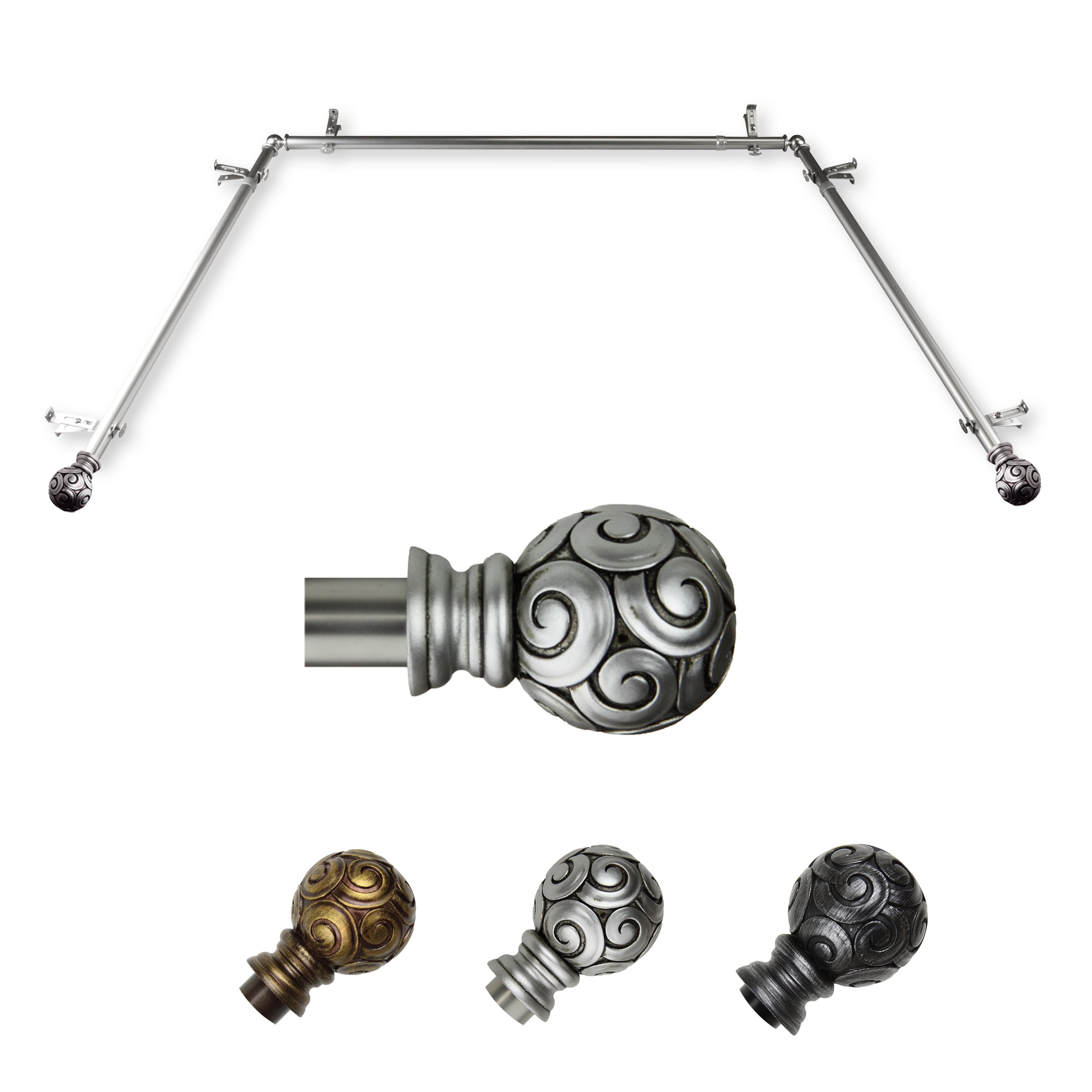 Adjustable Satin Nickel Bay Window Curtain Rod with Decorative Finials