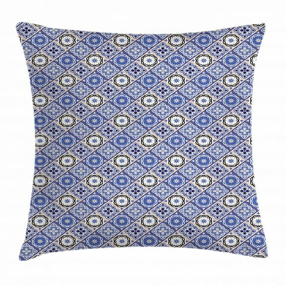 Moroccan Throw Pillow Cushion Cover, Geometric Tile Squares with Middle Eastern Arabesque Azulejo Design, Decorative Square Accent Pillow Case, 16 X 16 Inches, Violet Blue Black Cream, by Ambesonne