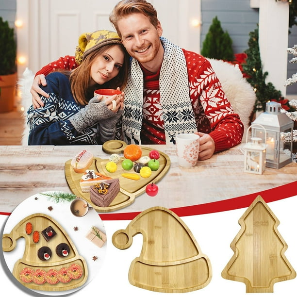 Juego de bandeja de madera navideña - Bandeja con forma de árbol de Navidad y sombrero para aperitivos, fruta y queso navideños - 11,8" y 11,6"