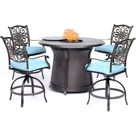 Hanover Traditions 5-Piece High-Dining Set in Blue with 4 Swivel Chairs and a 40 000 BTU Cast-top Fire Pit Table