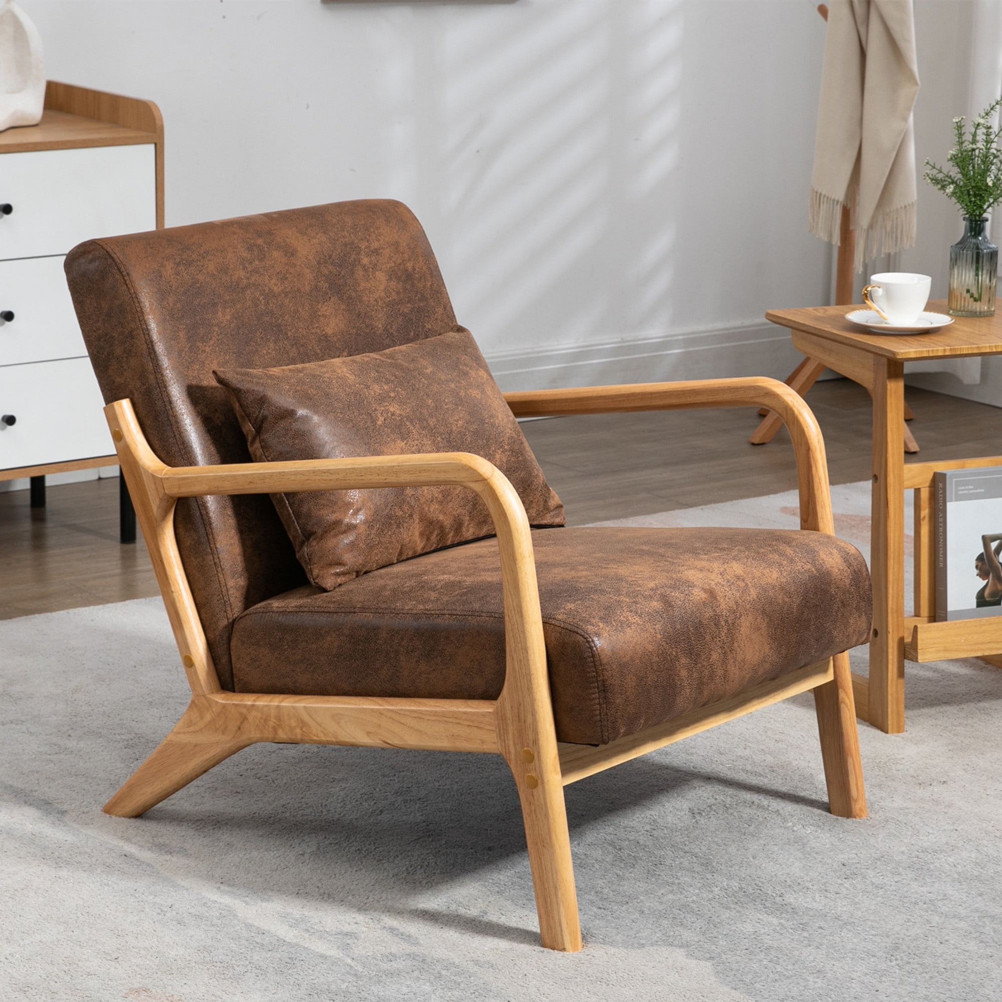 Aukfa Mid Century Modern Accent Chair w/ Lumbar Pillow for Living Room, Wood Frame, Leather, Brown