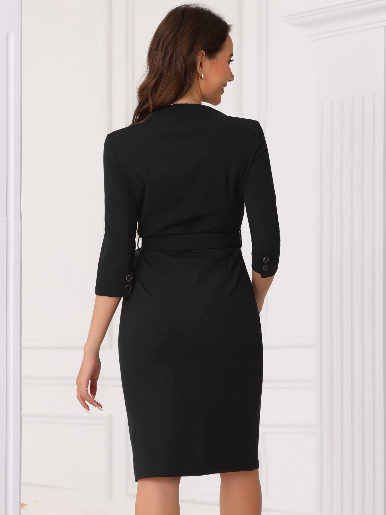 DARING DIVA Belted 3/4 Sleeve Elegant Business Pencil Dress S Black